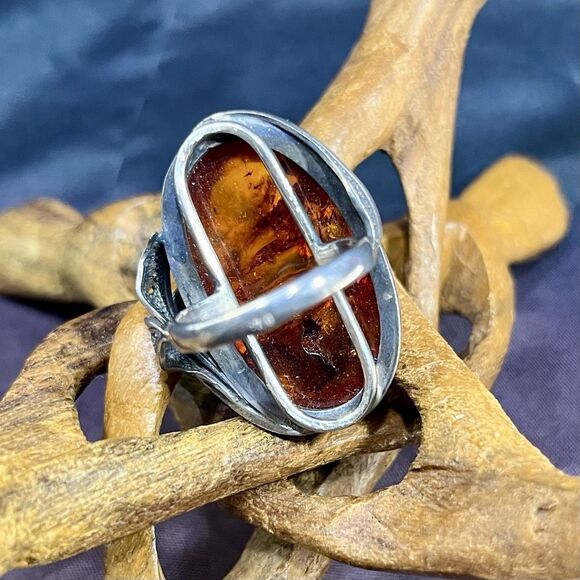 Vintage Large 925 Sterling Silver & Amber Ring Size 7.25 - Picture 2 of 12